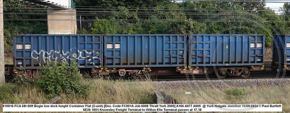 610016 FCA 68t 60ft Bogie low deck height Container Flat (2-unit) [Des. Code FC001A Job 6008 Thrall York 2000] A166 A077 A005 @ York Holgate Junction 2024-09-13 © Paul Bartlett W