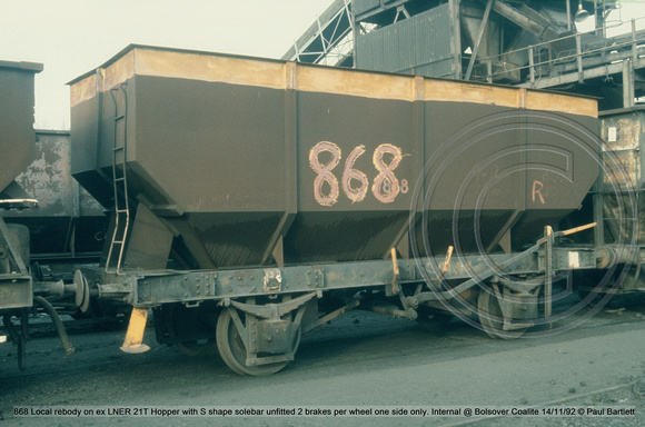 868 Local rebody on ex LNER 21T Hopper with S shape solebar unfitted Internal @ Bolsover Coalite 92-11-14 © Paul Bartlett w