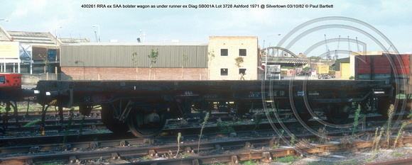 400261 RRA ex SAA bolster wagon as under runner ex Diag SB001A Lot 3728 Ashford 1971 @ Silvertown 82-10-03 © Paul Bartlett w