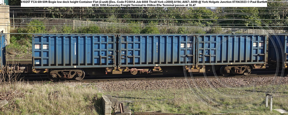 610257 FCA 68t 60ft Bogie low deck height Container Flat (2-unit) [Des. Code FC001A Job 6008 Thrall York c2000] A194; A067; A099 @ York Holgate Junction 2023-04-07 © Paul Bartlett w