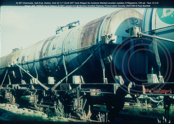 32 BP Chemicals, 32 ½ T Tank Wagon 12ft wb  8-1941 conserved @ Boness SRPS 89-07-29 © Paul Bartlett [2w]
