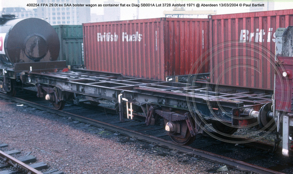 400254 FPA ex SAA bolster wagon as container flat ex Diag SB001A Lot 3728 Ashford 1971 @ Aberdeen 2004-03-13 © Paul Bartlett [2w]