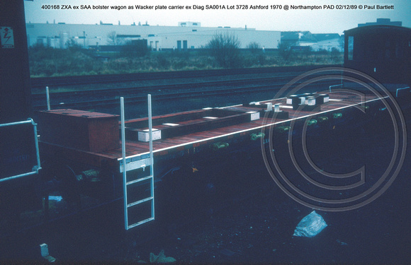 400168 ZXA ex SAA bolster wagon as Wacker plate carrier ex Diag SA001A Lot 3728 Ashford 1970 @ Northampton PAD 89-12-02 © Paul Bartlett w