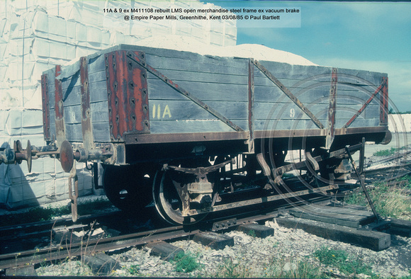 11A & 9 ex M411108 rebuilt LMS open merchandise steel frame@ Empire Paper Mills, Greenhithe, Kent 85-08-03 © Paul Bartlett