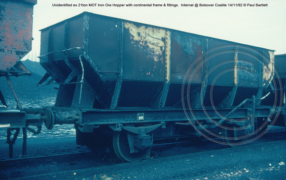 Unidentified ex 21ton MOT Iron Ore Hopper with continental frame & fittings Internal @ Bolsover Coalite 92-11-14 © Paul Bartlett w