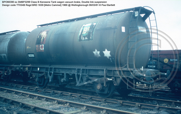 BPO66390 ex SMBP3299 Class B Kerosene Tank wagon vacuum brakeDesign code TT034B Regd BRD 1639 [Metro Cammel] 1966 @ Wellingborough 81-03-08 © Paul Bartlett w
