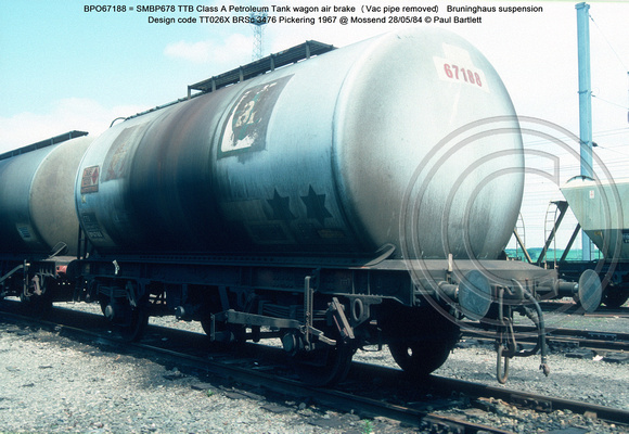 BPO67188 = SMBP678 TTB Class A Petroleum Tank wagon air brake Design code TT026X BRSc 3476 Pickering 1967 @ Mossend 84-05-28 © Paul Bartlett w