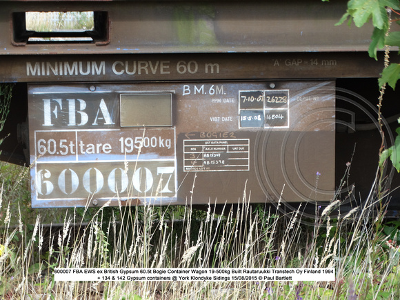 600007 FBA EWS ex British Gypsum Bogie Container Wagon + 134 & 142 @ York Klondyke Sidings 2015-08-15 © Paul Bartlett [7w]