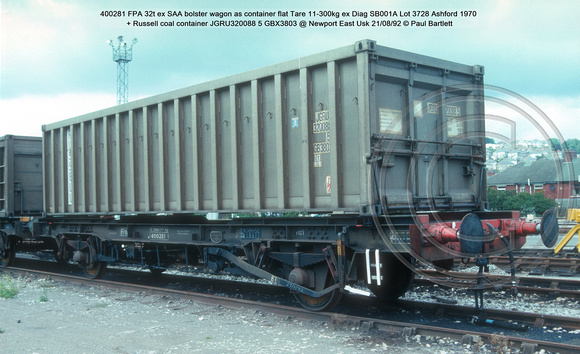 400281 FPA  ex SAA bolster wagon container flaex Diag SB001A Lot 3728 Ashford 1970 + Russell coal container JGRU320088 5 GBX3803 @ Newport East Usk 92-08-21 © Paul Bartlett w