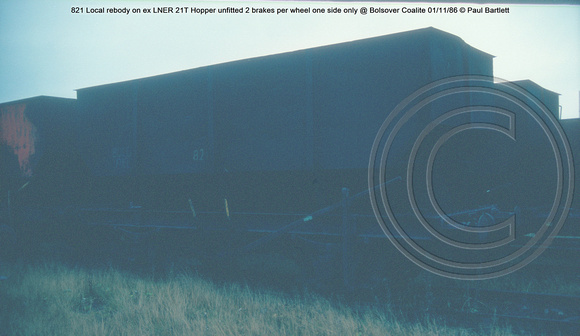 821 Local rebody on ex LNER 21T Hopper unfitted Internal @ Bolsover Coalite 86-11-01 © Paul Bartlett w