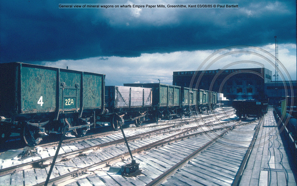 General view of mineral wagons on wharfs @ Empire Paper Mills, Greenhithe, Kent 85-08-03 © Paul Bartlett [1w]