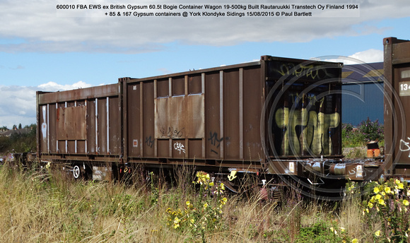 600010 FBA EWS ex British Gypsum Bogie Container Wagon + 85 & 167  @ York Klondyke Sidings 2015-08-15 © Paul Bartlett [1w]