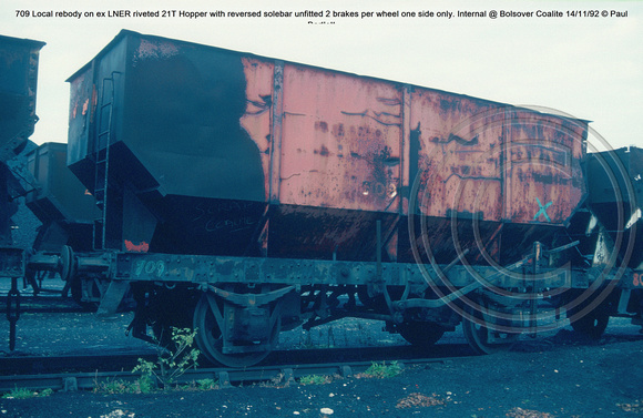 709 Local rebody ex LNER 21t Hopper with reversed solebar unfitted  Internal @ Bolsover Coalite 92-11-14 © Paul Bartlett w