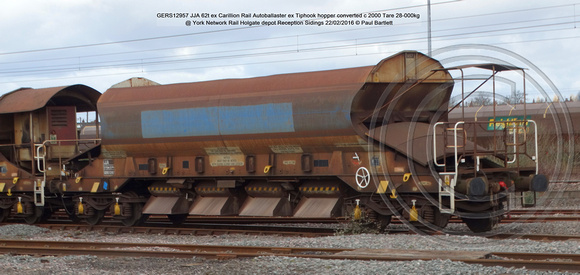 GERS12957 JJA 62t ex Carillion Rail Autoballaster ex Tiphook hopper converted c 2000 Tare 28-000kg @ York Network Rail Reception Sidings 2016-02-22 © Paul Bartlett [1w]