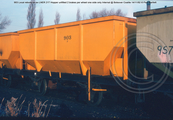903 Local rebody ex LNER 21T Hopper unfitted Internal @ Bolsover Coalite 92-11-14 © Paul Bartlett w