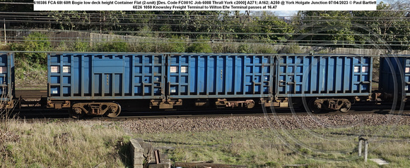 610386 FCA 68t 60ft Bogie low deck height Container Flat (2-unit) [Des. Code FC001C Job 6008 Thrall York c2000] @ York Holgate Junction 2023-04-07 © Paul Bartlett w