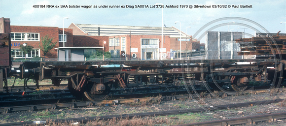 400184 RRA ex SAA bolster wagon as under runner ex Diag SA001A Lot 3728 Ashford 1970 @ Silvertown 82-10-03 © Paul Bartlett w