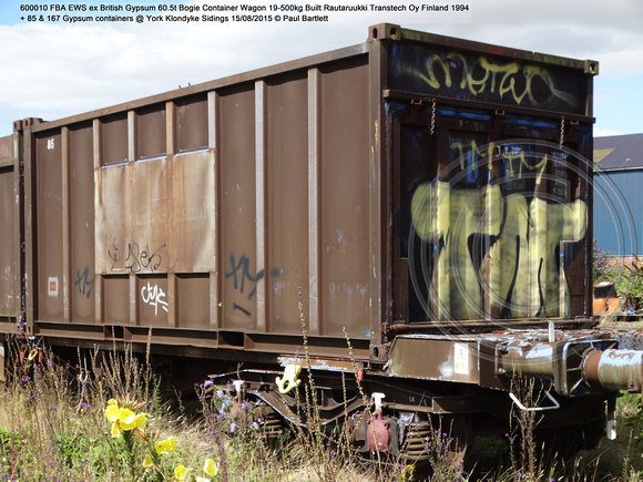 600010 FBA EWS ex British Gypsum Bogie Container Wagon + 85 & 167  @ York Klondyke Sidings 2015-08-15 © Paul Bartlett [3w]