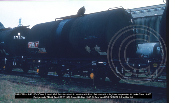 BRT57399 = BRT10049 Class B Load 32-7 Petroleum tank Esso Petroleum Bruninghaus suspension Air brake 1966 @ Swansea RCS 87-04-24 © Paul Bartlett w