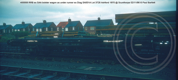 400008 RRB ex SAA bolster wagon as under runner ex Diag SA001A Lot 3728 Ashford 1970 @ Scunthorpe 86-11-02 © Paul Bartlett w