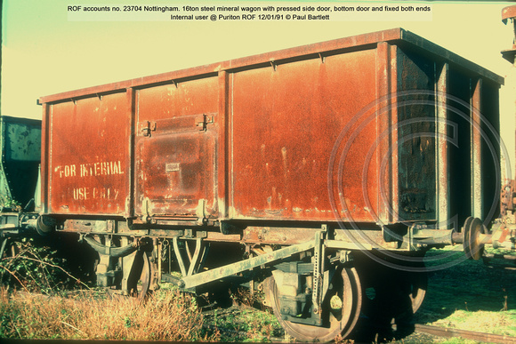 ROF 23704 16ton steel mineral wagon with pressed side door, bottom door and fixed both ends Internal user @ Puriton ROF 91-01-12 © Paul Bartlett [1w]