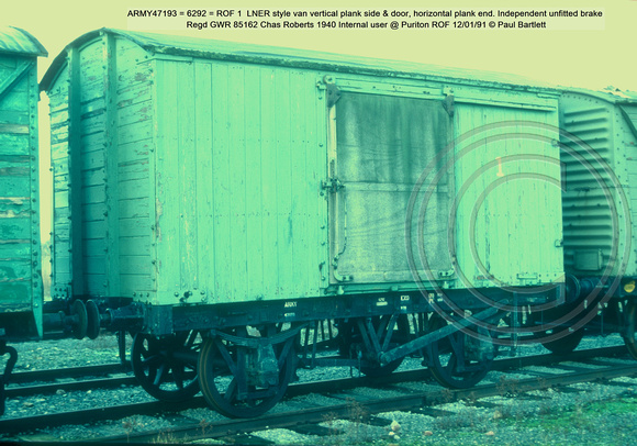 ARMY47193 = 6292 = ROF 1  LNER style van Independent unfitted brake 1940 Internal user @ Puriton ROF 91-01-12 © Paul Bartlett [4w]
