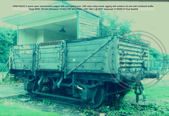 ARMY46232 5 plank open merchandise wagon corrugated end LMS style clasp break [10-63] INTERNAL @ ROF Glascoed 92-08-21 © Paul Bartlett w