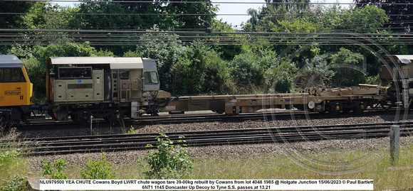 NLU979500 YEA CHUTE Cowans Boyd LWRT chute wagon tare 39-00kg rebuilt by Cowans from lot 4048 1985 @ Holgate Junction 2023-06-15 © Paul Bartlett w