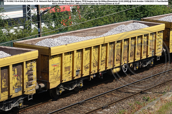 31 70 5992 110-4 IOA (E) Ealnos 77.3t  Network Rail Mussel Bogie Open Box Wagon TF25 bogies tare 24-300kg [Greenbrier 23.02.2009] @ York Avoider 2023-06-13 © Paul Bartlett w