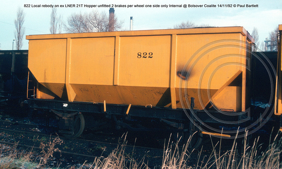822 Local rebody on ex LNER 21T Hopper unfitted Internal @ Bolsover Coalite 92-11-14 © Paul Bartlett w