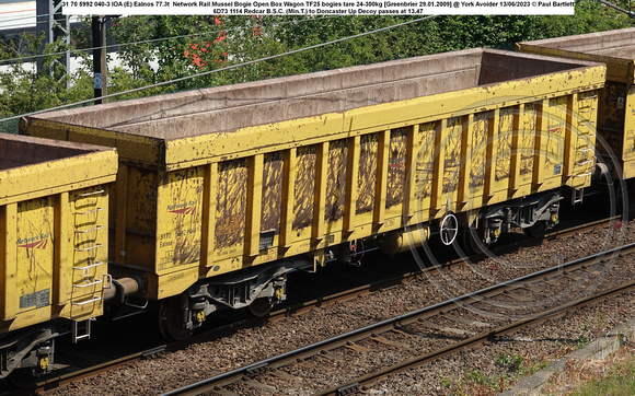 31 70 5992 040-3 IOA (E) Ealnos 77.3t  Network Rail Mussel Bogie Open Box Wagon TF25 bogies tare 24-300kg [Greenbrier 29.01.2009] @ York Avoider 2023-06-13 © Paul Bartlett w