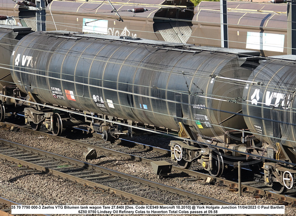 35 70 7790 000-3 Zaefns VTG Bitumen tank wagon Tare 27.840t [Des. Code ICE949 Marcroft 10.2010] @ York Holgate Junction 2023-04-11 © Paul Bartlett [1w]