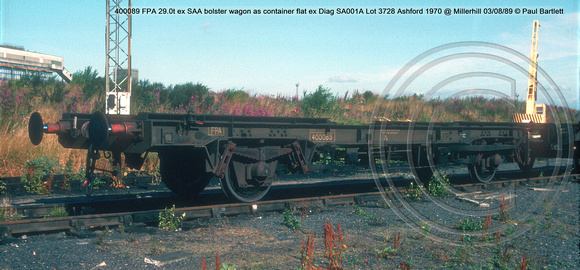 400089 FPA 29.0t ex SAA bolster wagon as container flat ex Diag SA001A Lot 3728 Ashford 1970 @ Millerhill 89-08-03 © Paul Bartlett w