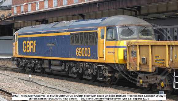 69003 The Railway Observer [ex 56018] GBRf Co Co in GBRF livery with speed whiskers [Rebuild Progress Rail, Longport 09.2021] @ York Station 2024-09-12 © Paul Bartlett w