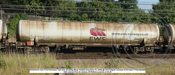 EWS870210 TEA 75.4t Petroleum Tank tare 26.200kg [Diag TE046A Greenbrier PL 2006] @ York Holgate Junction 2022-07-07 © Paul Bartlett w