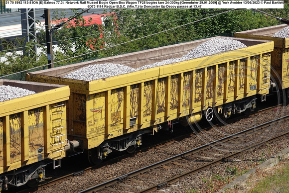 31 70 5992 113-8 IOA (E) Ealnos 77.3t  Network Rail Mussel Bogie Open Box Wagon TF25 bogies tare 24-300kg [Greenbrier 29.01.2009] @ York Avoider 2023-06-13 © Paul Bartlett w