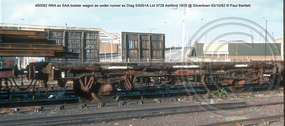 400082 RRA ex SAA bolster wagon as under runner ex Diag SA001A Lot 3728 Ashford 1970 @ Silvertown 82-10-03 © Paul Bartlett w