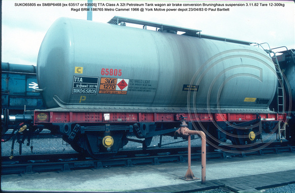 SUKO65805 ex SMBP6468 TTA Class A 32t Petroleum Tank wagon Regd BRM 186765 Metro Cammel 1966 @ York Motive power depot 83-04-23 © Paul Bartlett w