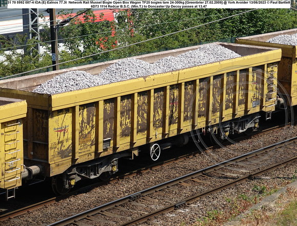 31 70 5992 087-4 IOA (E) Ealnos 77.3t  Network Rail Mussel Bogie Open Box Wagon TF25 bogies tare 24-300kg [Greenbrier 27.02.2009] @ York Avoider 2023-06-13 © Paul Bartlett w