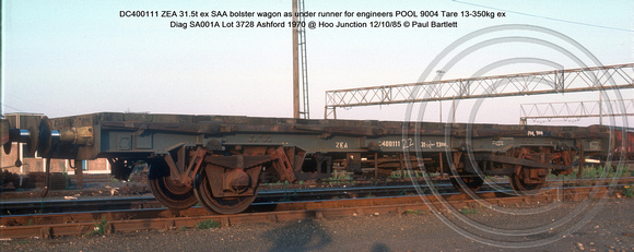 DC400111 ZEA ex SAA bolster wagon as under runner for engineers POOL 9004  ex Diag SA001A Lot 3728 Ashford 1970 @ Hoo Junction 85-10-12 © Paul Bartlett