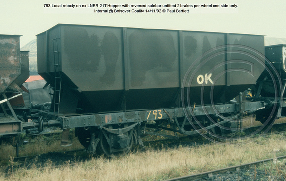 793 Local rebody on ex LNER 21T Hopper with reversed solebar unfitted  Internal @ Bolsover Coalite 92-11-14 © Paul Bartlett w