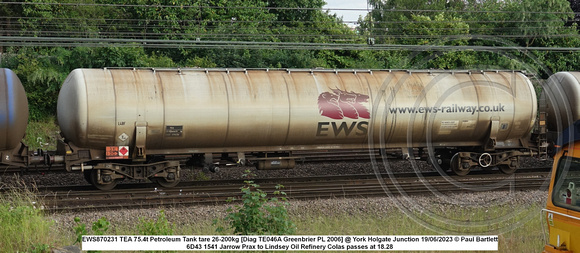EWS870231 TEA 75.4t Petroleum Tank tare 26-200kg [Diag TE046A Greenbrier PL 2006] @ York Holgate Junction 2023-06-19 © Paul Bartlett w