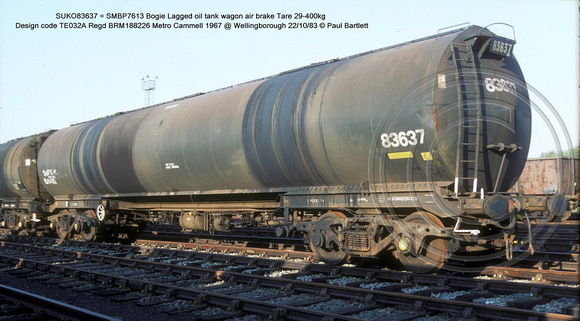 SUKO83637 = SMBP7613 Bogie Lagged oil tank wagon AB Design code TE032A @ Wellingborough 83-10-22 � Paul Bartlett w