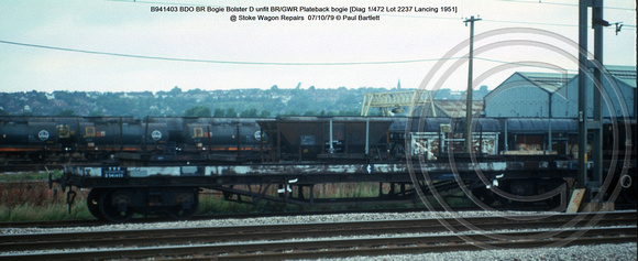 B941403 BDO BR Bogie Bolster D unfit BR-GWR Plateback bogie [Diag 1-472 Lot 2237 Lancing 1951] @ Stoke Wagon Repairs  79-10-07 © Paul Bartlett w