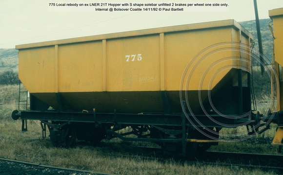 775 Local rebody on ex LNER 21T Hopper with S shape solebar unfitted  Internal @ Bolsover Coalite 92-11-14 © Paul Bartlett w