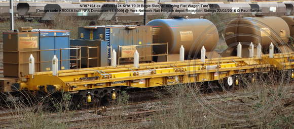 NR97124 ex JARV97124 KRA 79.0t Bogie Sleeper carrying Flat Wagon [Design code KR001A built RFS Doncaster 11.1999] @ York Network Rail Reception Sidings 2016-02-22 © Paul Bartlett [1w]