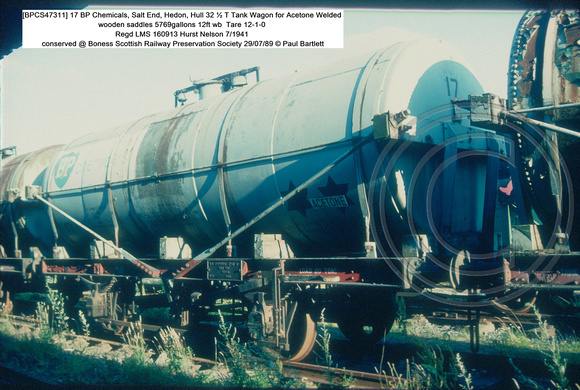 [BPCS47311] 17 BP Chemicals, 32 ½ T Tank Wagon 12ft wb  7-1941 conserved @ Boness SRPS 89-07-29 © Paul Bartlett [1w]