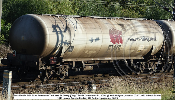 EWS870274 TEA 75.4t Petroleum Tank tare 26.200kg [Diag TE046A Greenbrier PL 2006] @ York Holgate Junction 2022-07-07 © Paul Bartlett [2w]