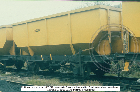 826 Local rebody on ex LNER 21T Hopper with S shape solebar unfitted Internal @ Bolsover Coalite 92-11-14 © Paul Bartlett w