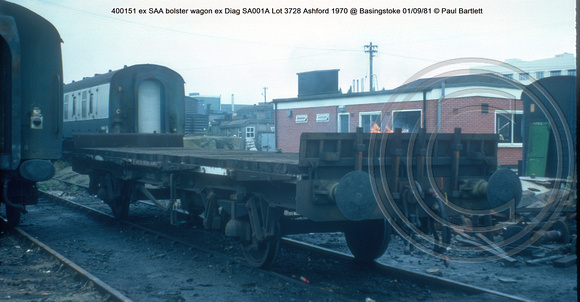 400151 ex SAA bolster wagon ex Diag SA001A Lot 3728 Ashford 1970 @ Basingstoke 81-09-01 © Paul Bartlett w